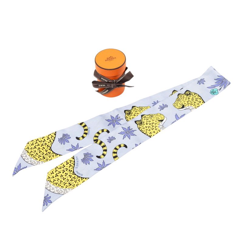 Hermes Twilly les Leopard Scarf Blue Yellow Silk — view 6