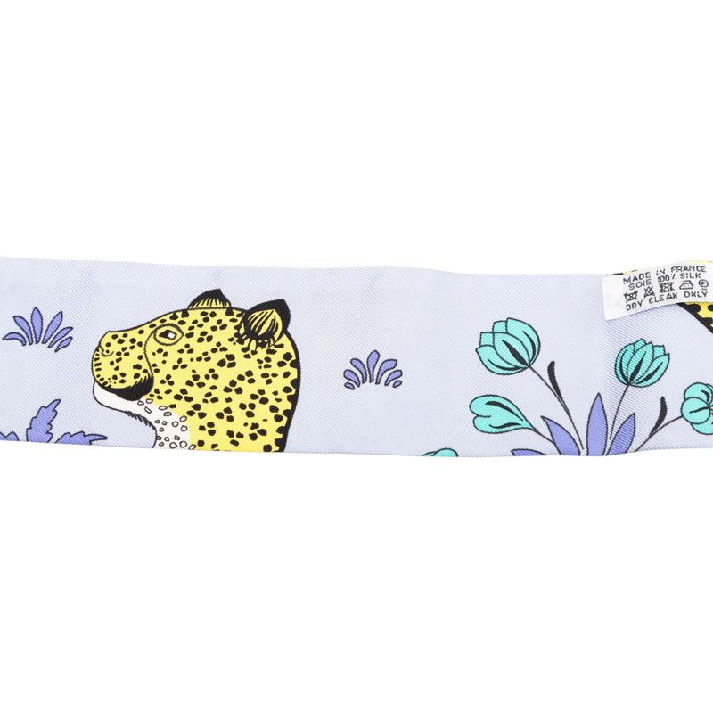 Hermes Twilly les Leopard Scarf Blue Yellow Silk — view 2