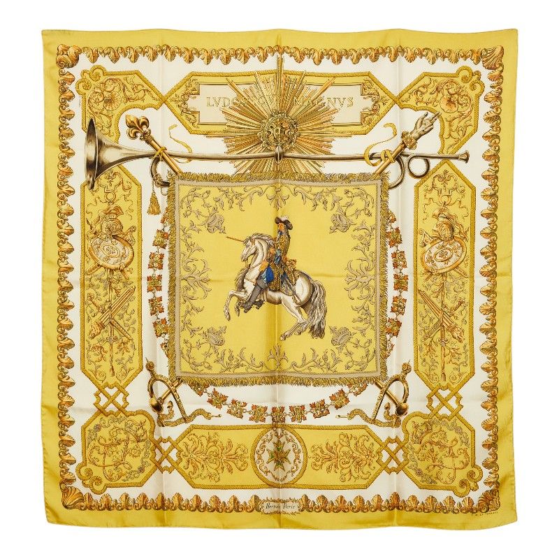 Hermes Carre 90 LV Dovicvs Magnvs White Louis Xiv on a Horse Scarf Yellow Silk