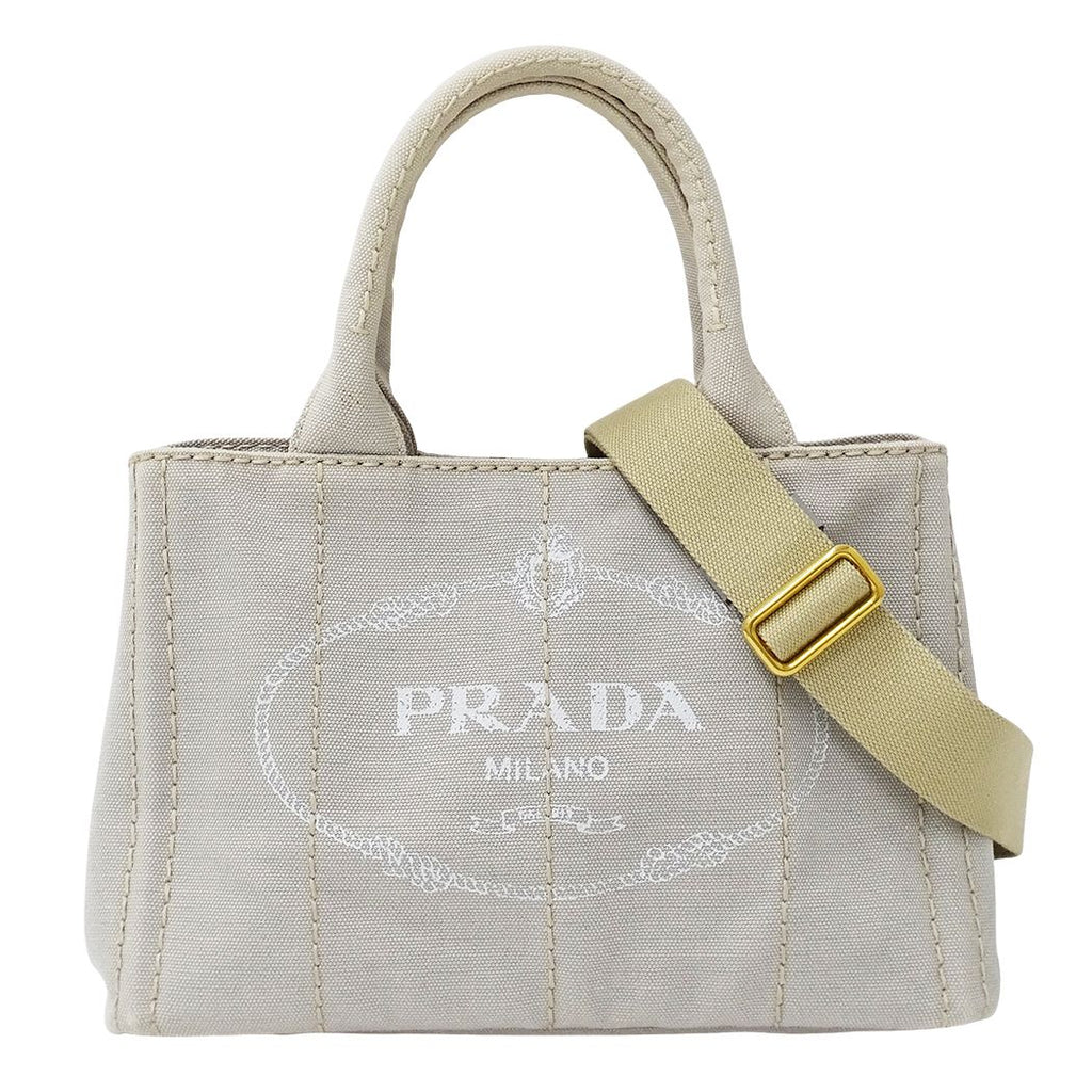 Prada Tote Shoulder Bag 2-Way Canvas Canapa Mini Light Gray