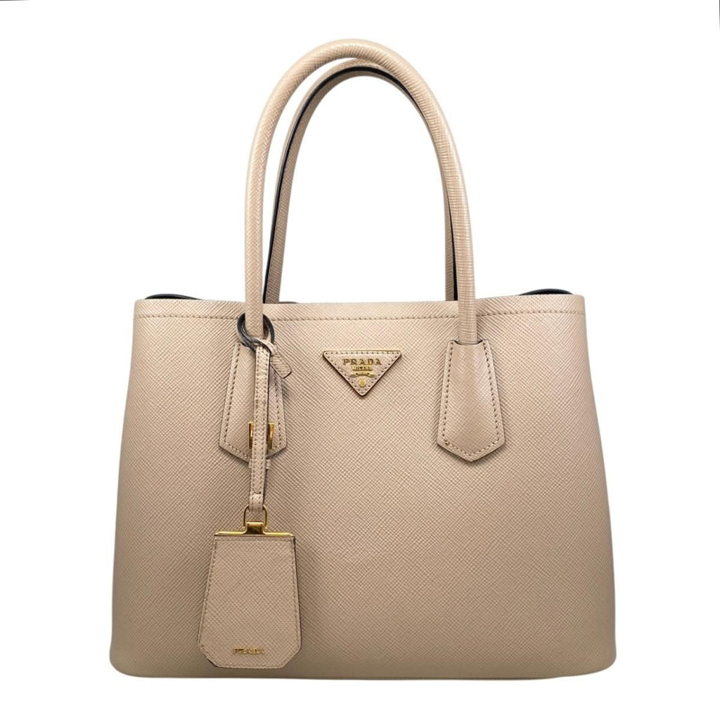 Prada Handbag Double Bag Saffiano Cuir Leather Triangle Logo Beige Black Gold
