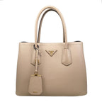Prada Handbag Double Bag Saffiano Cuir Leather Triangle Logo Beige Black Gold
