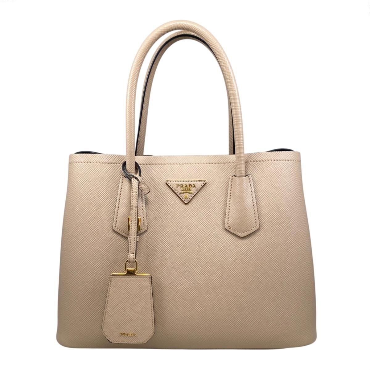 Prada Handbag Double Bag Saffiano Cuir Leather Triangle Logo Beige Black Gold