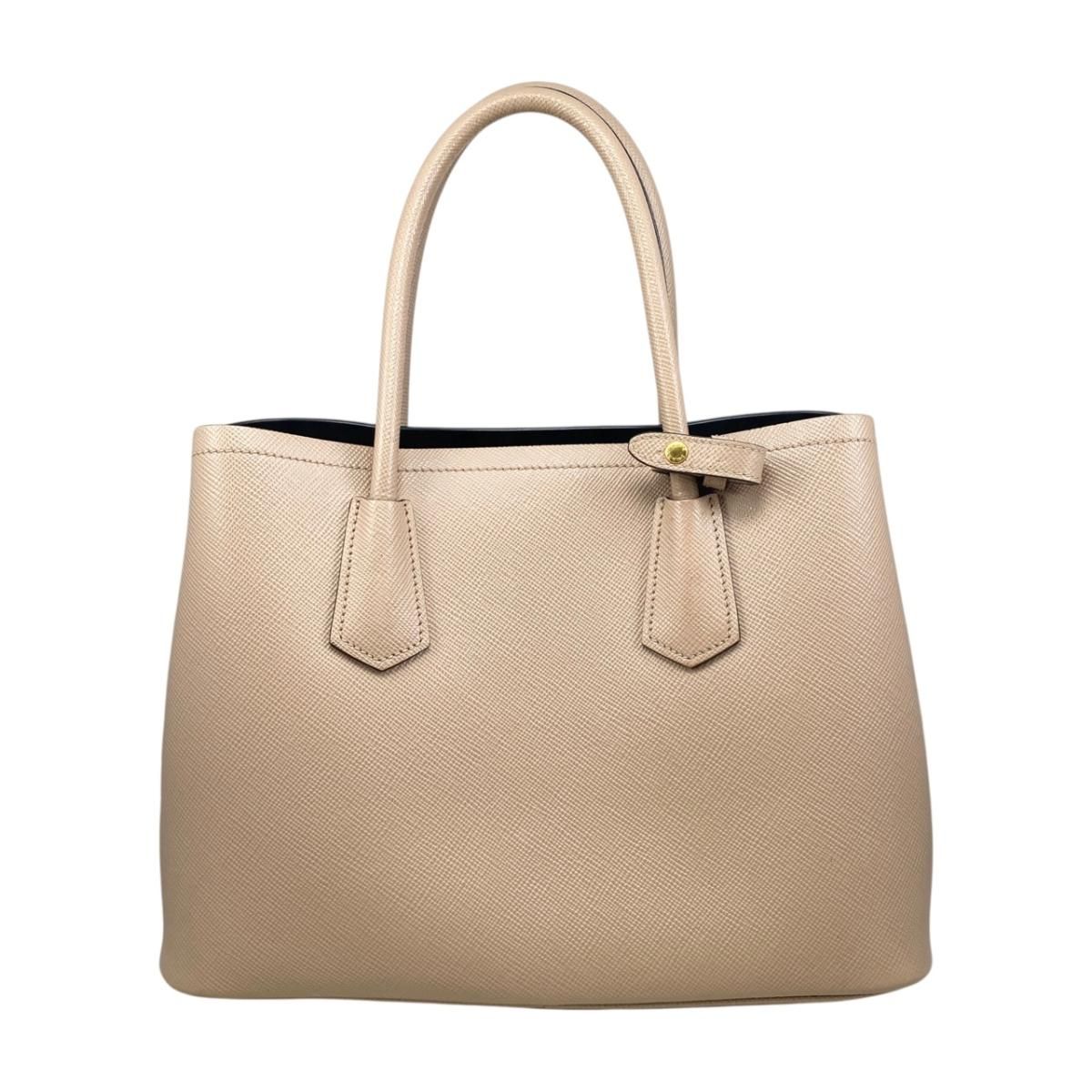 Prada Handbag Double Bag Saffiano Cuir Leather Triangle Logo Beige Black Gold — view 2