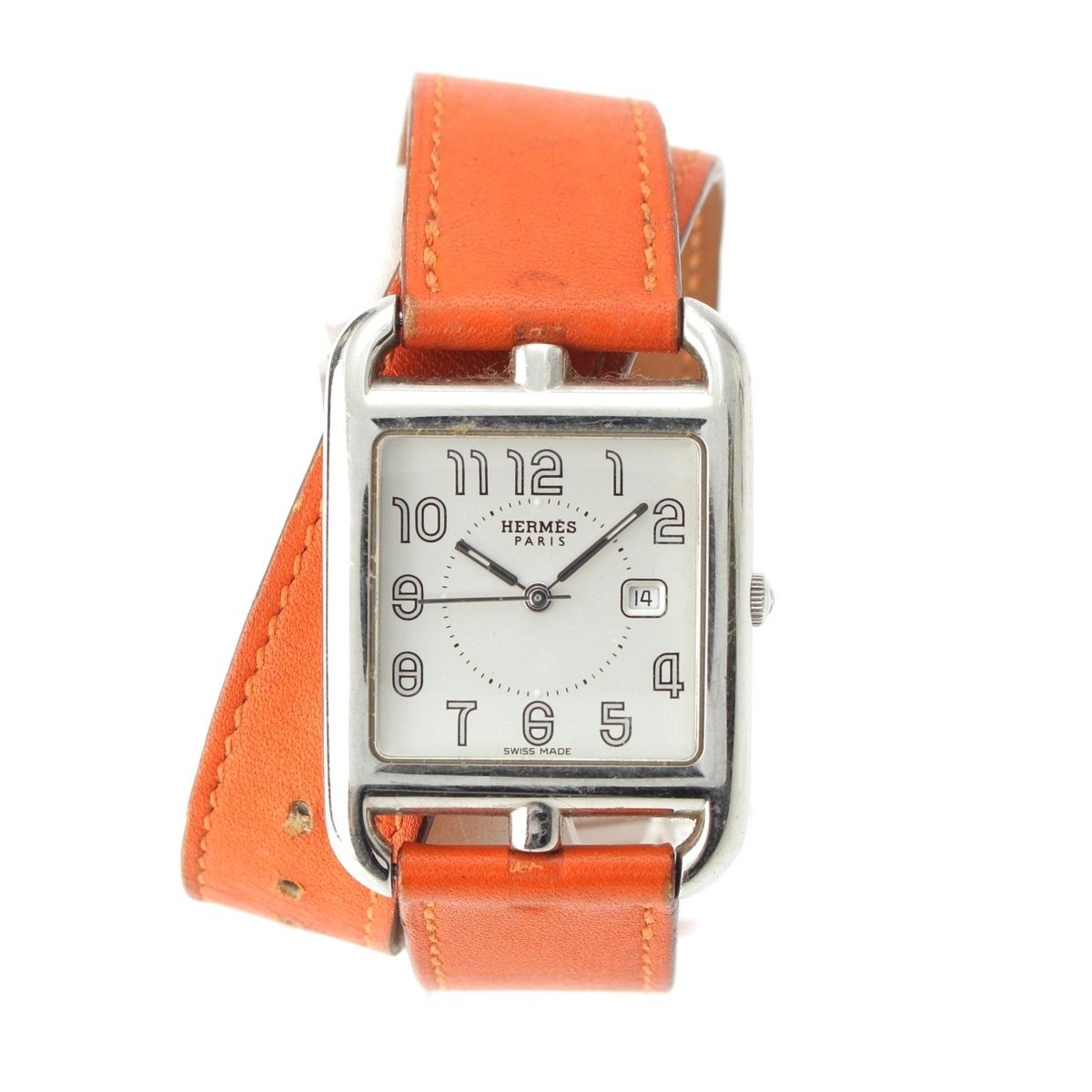 Hermes Capecod Double Tour SS Leather Watch Wallet Quartz White Dial Orange