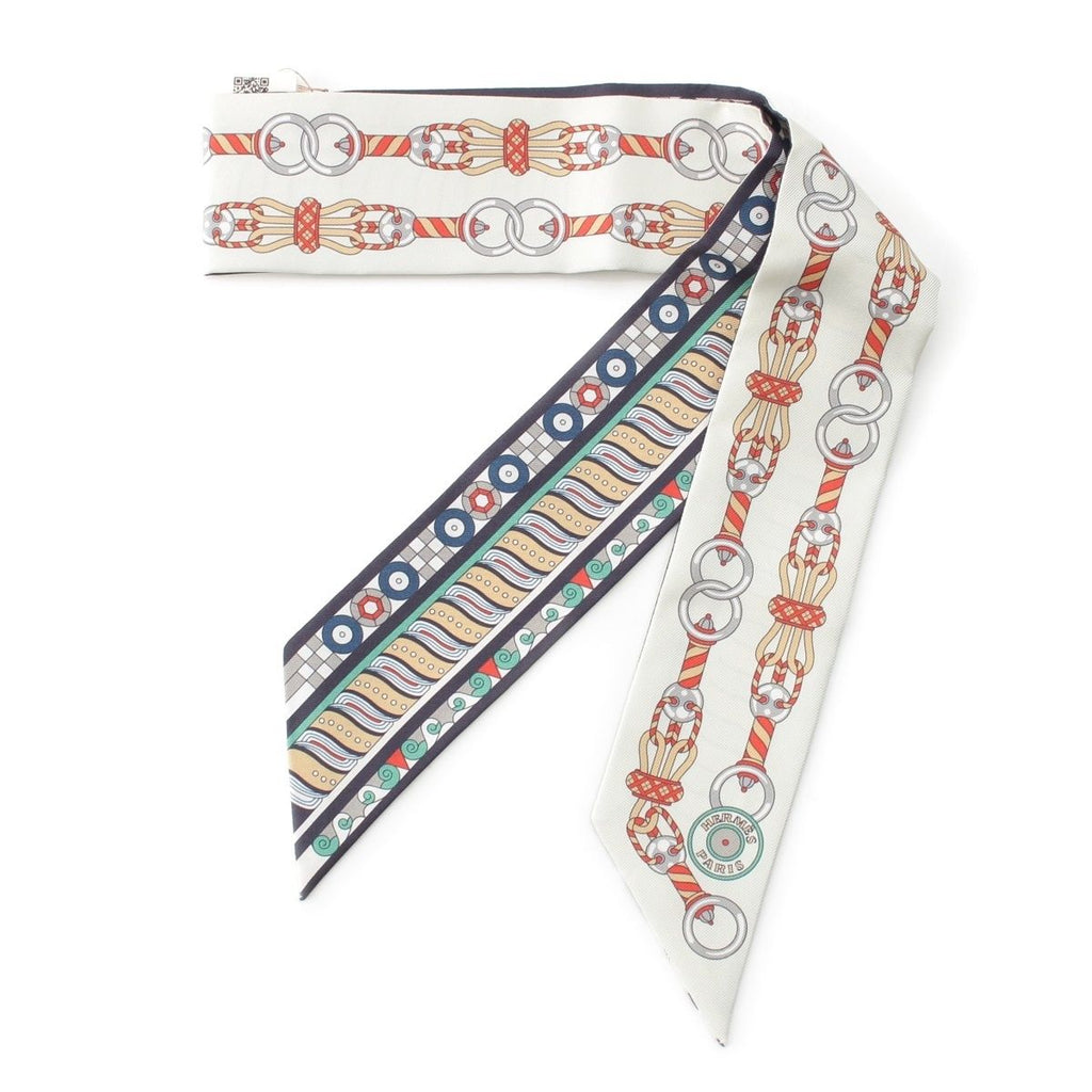 Hermes Twilly Harnais en Rosace Harness Rose Window Silk Scarf Beige