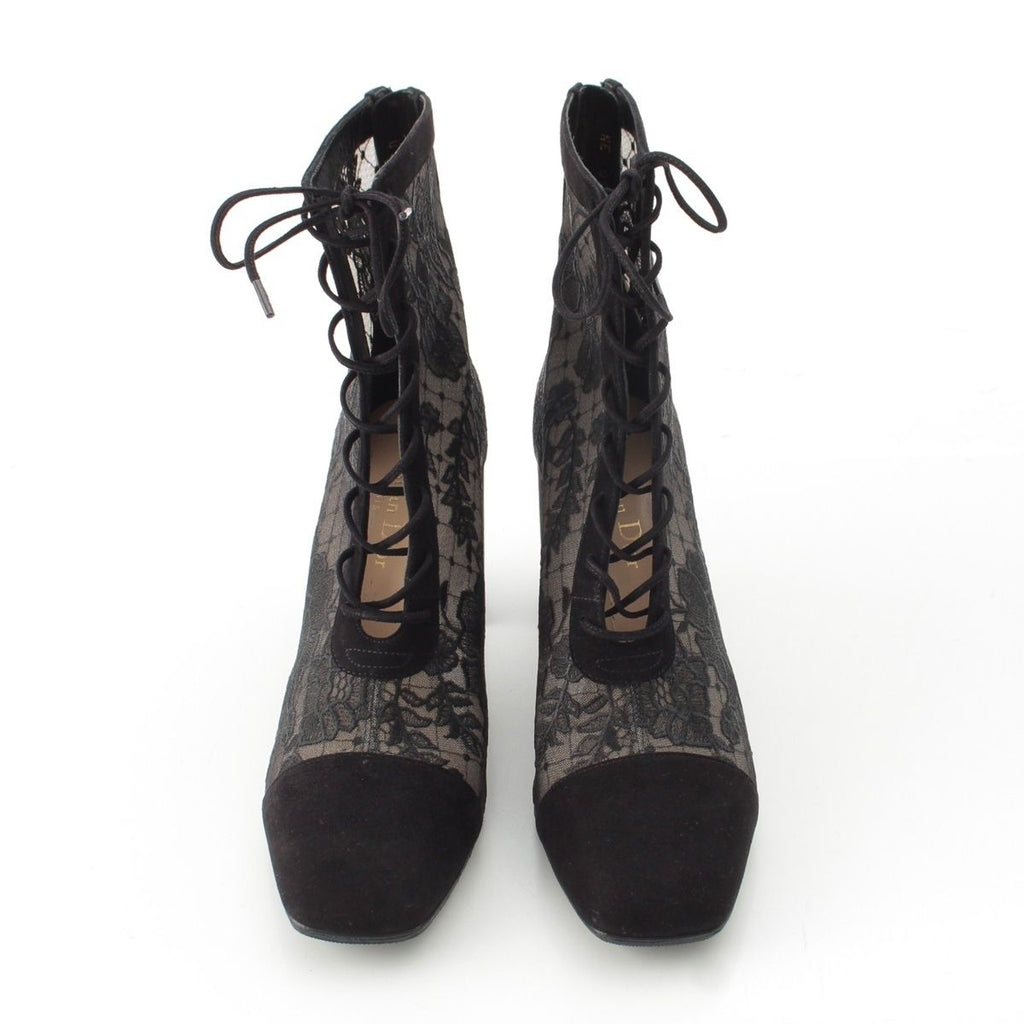 Dior Naughtily-d Mesh Lace Up Block Heels Booties Shoes Black — view 2