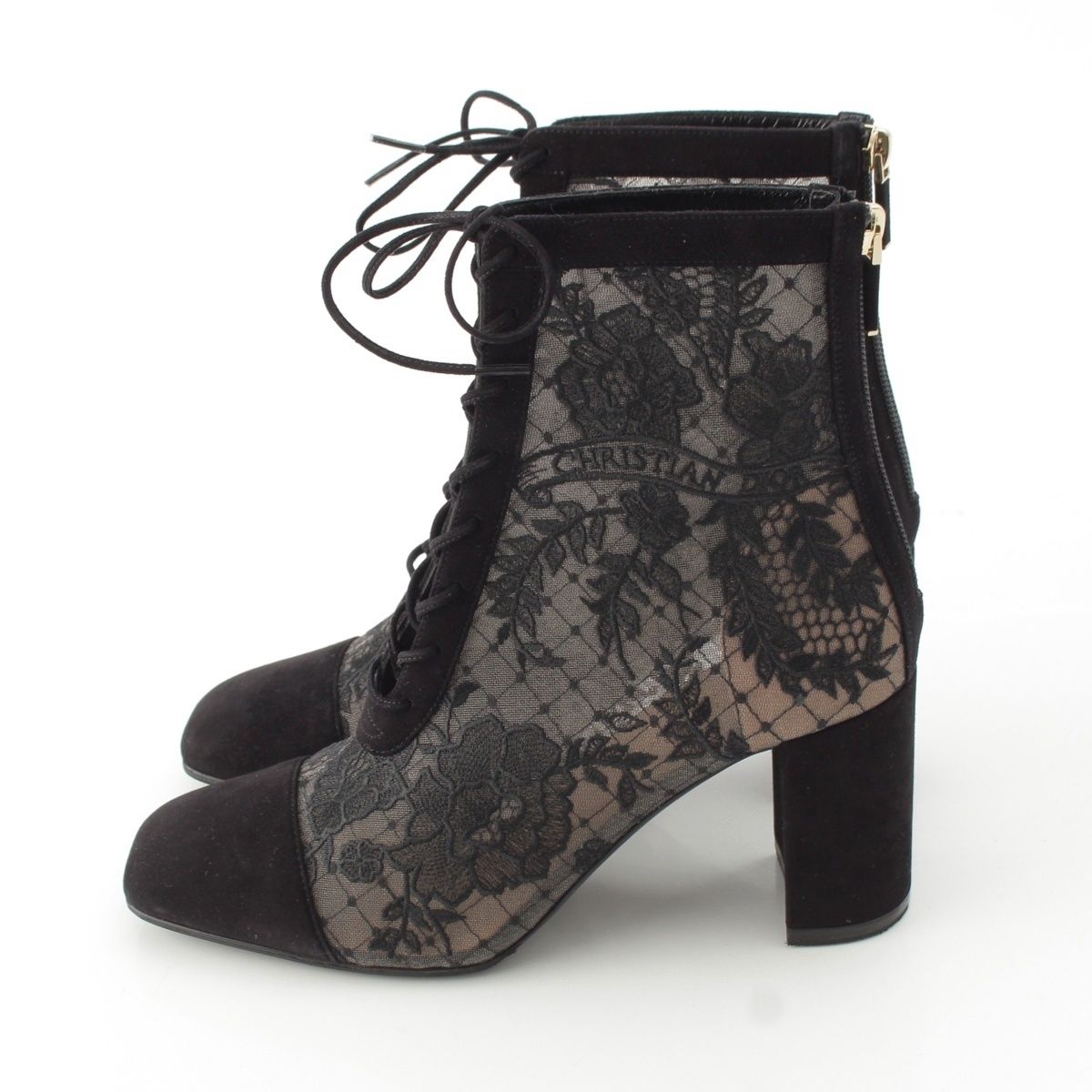 Dior Naughtily-d Mesh Lace Up Block Heels Booties Shoes Black — view 3