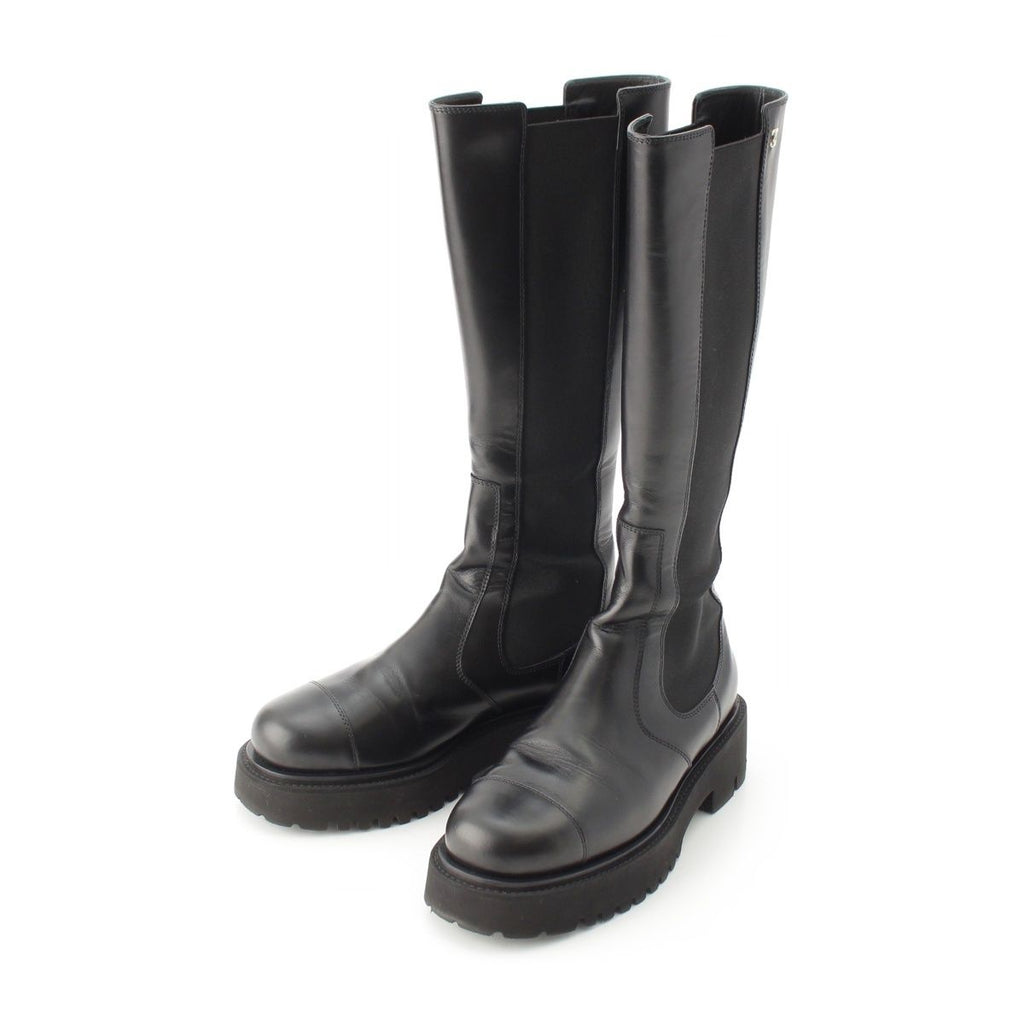 Chanel Leather CC Logo Side Gore Platform Thick Sole Long Boots Shoes Black 39c