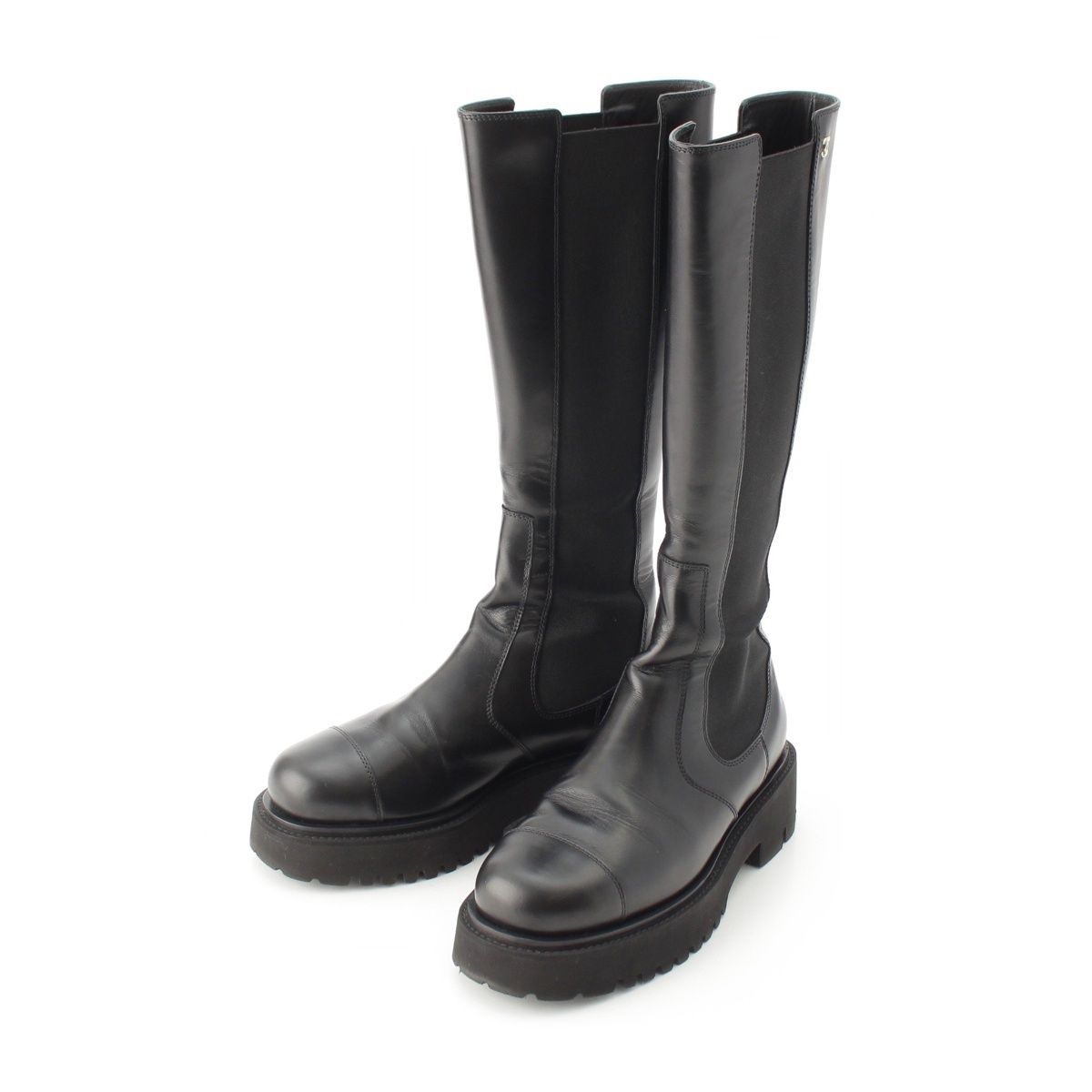 Chanel Leather CC Logo Side Gore Platform Thick Sole Long Boots Shoes Black 39c