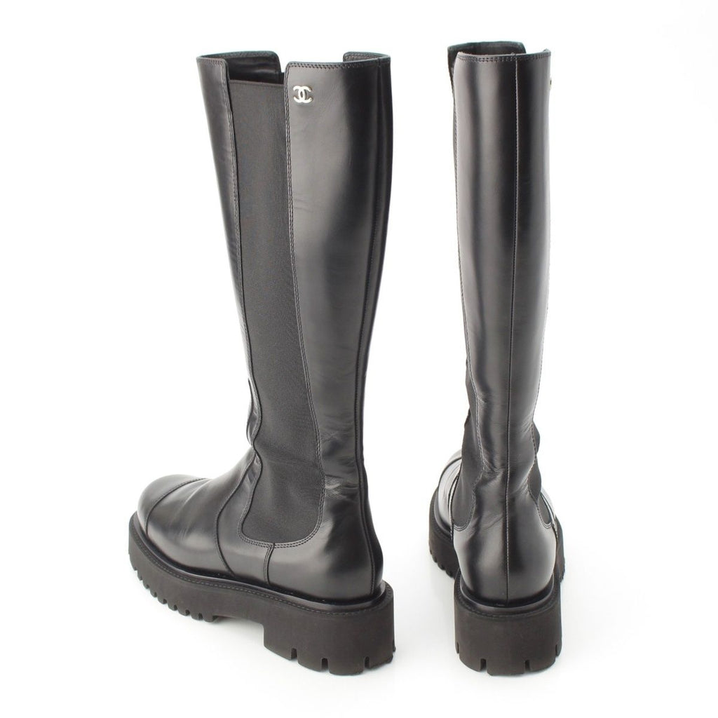 Chanel Leather CC Logo Side Gore Platform Thick Sole Long Boots Shoes Black 39c — view 4