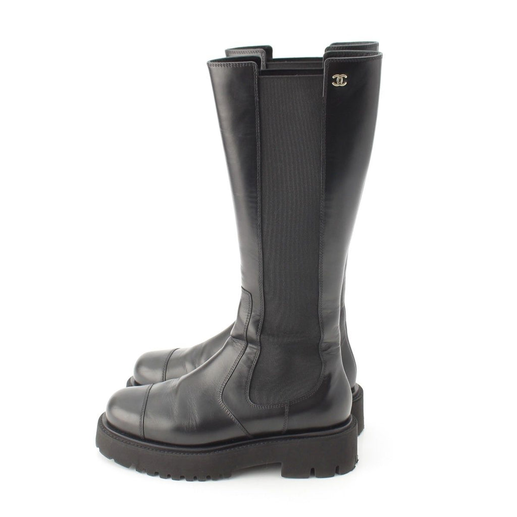 Chanel Leather CC Logo Side Gore Platform Thick Sole Long Boots Shoes Black 39c — view 3