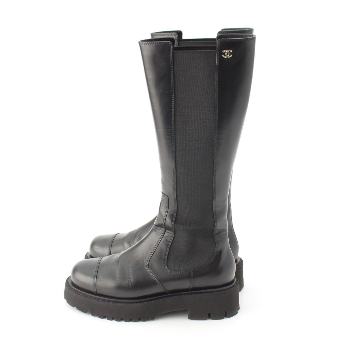 Chanel Leather CC Logo Side Gore Platform Thick Sole Long Boots Shoes Black 39c — view 3