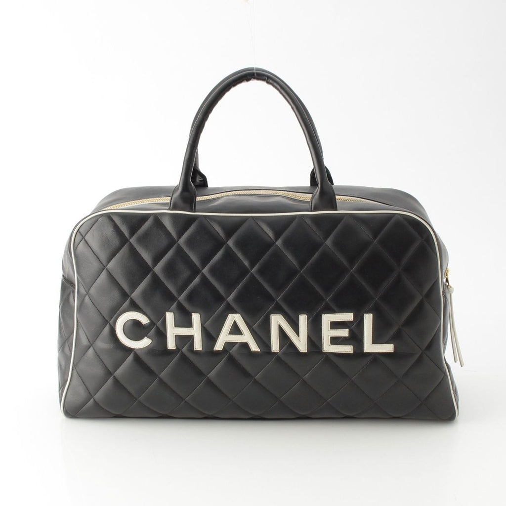 Chanel Quilted Logo Lambskin Boston Bag Black White — view 4