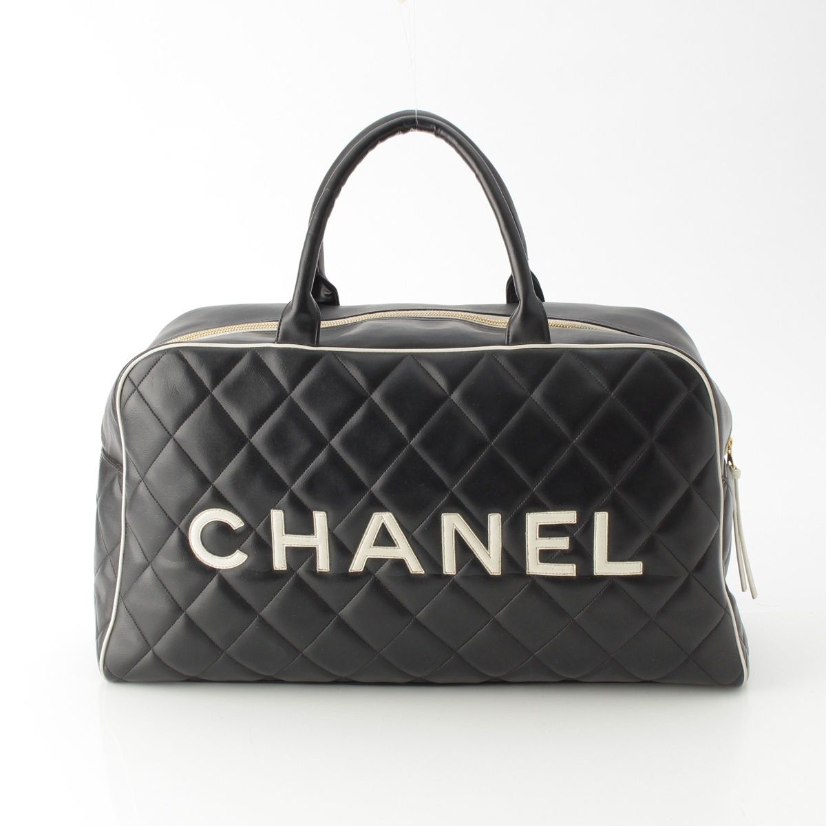 Chanel Quilted Logo Lambskin Boston Bag Black White — view 4
