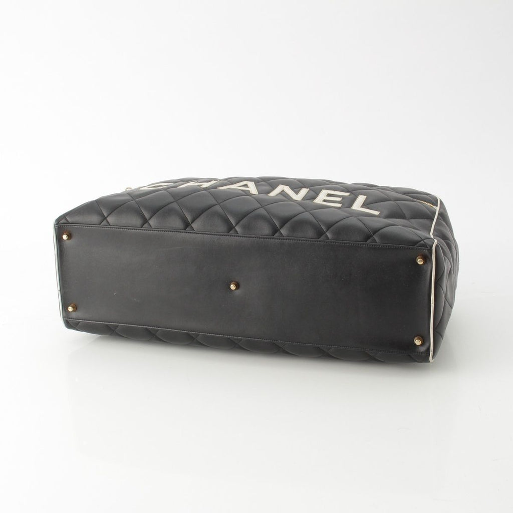 Chanel Quilted Logo Lambskin Boston Bag Black White — view 5