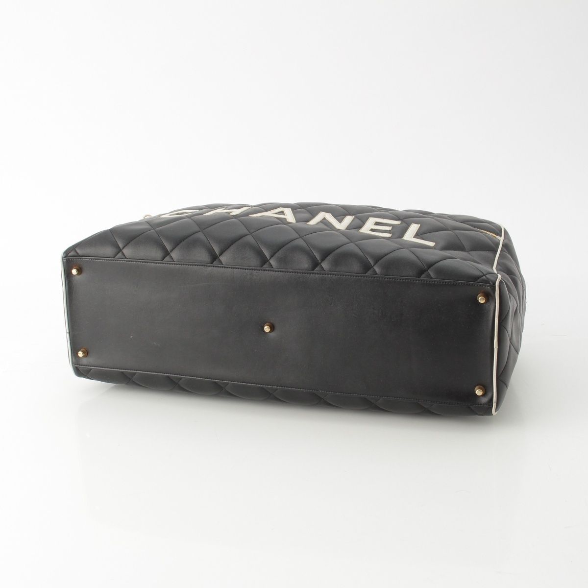 Chanel Quilted Logo Lambskin Boston Bag Black White — view 5
