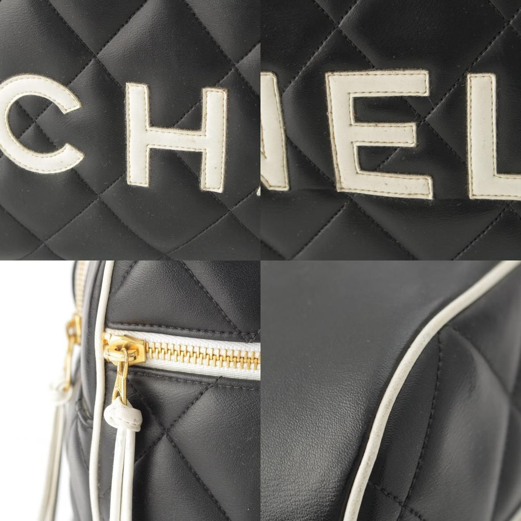 Chanel Quilted Logo Lambskin Boston Bag Black White — view 8