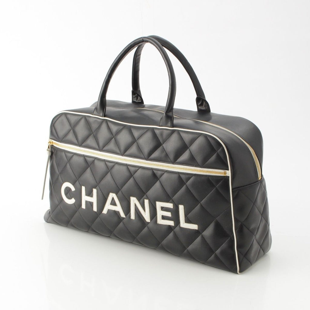 Chanel Quilted Logo Lambskin Boston Bag Black White — view 2