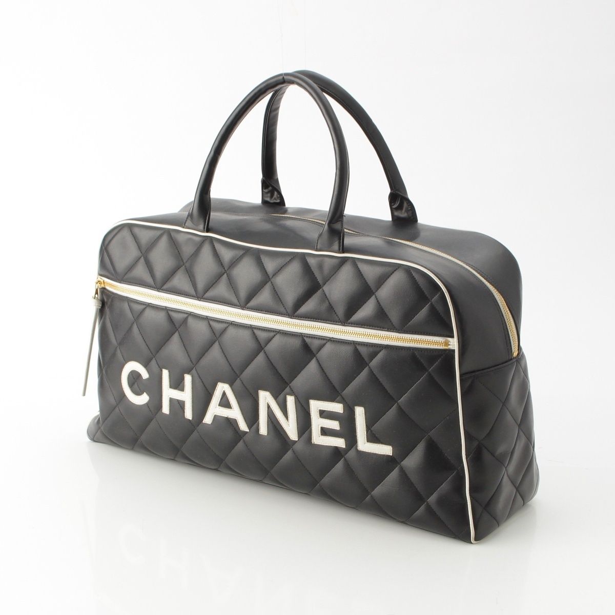 Chanel Quilted Logo Lambskin Boston Bag Black White — view 2