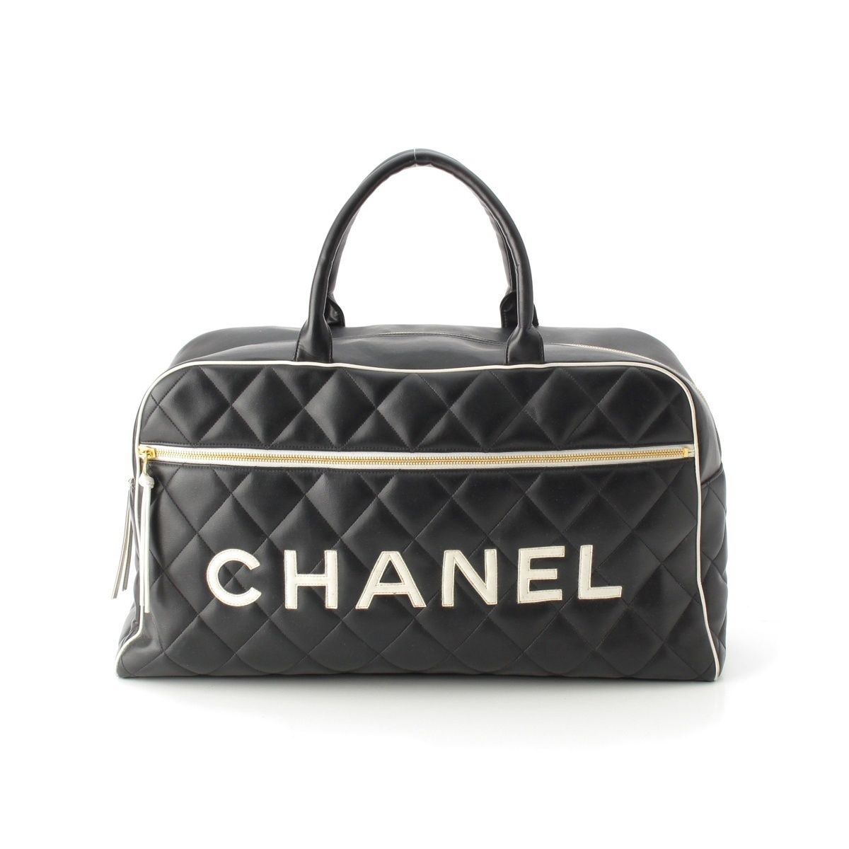 Chanel Quilted Logo Lambskin Boston Bag Black White