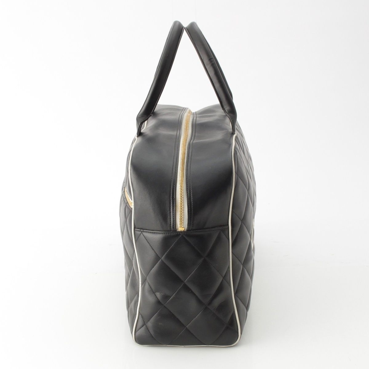 Chanel Quilted Logo Lambskin Boston Bag Black White — view 3