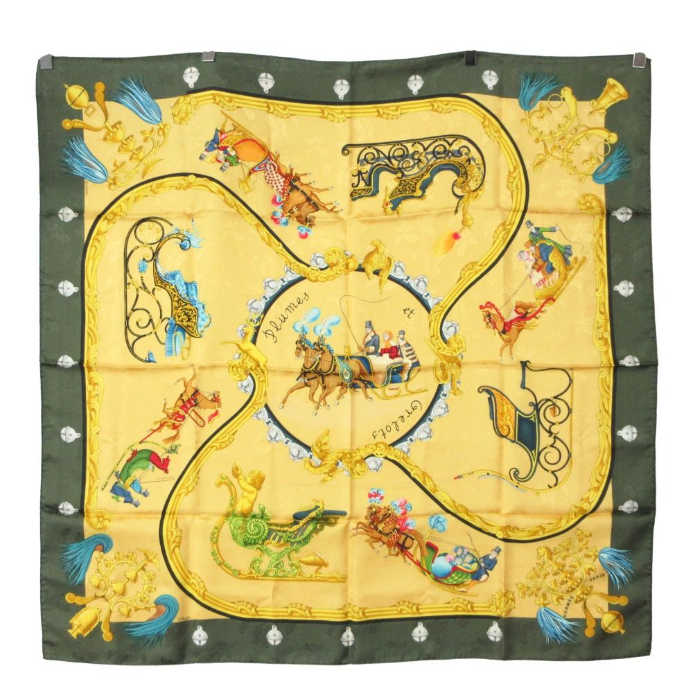 Hermes Scarf Carre 90 Plumes Et Grelots Silk Carriages Yellow