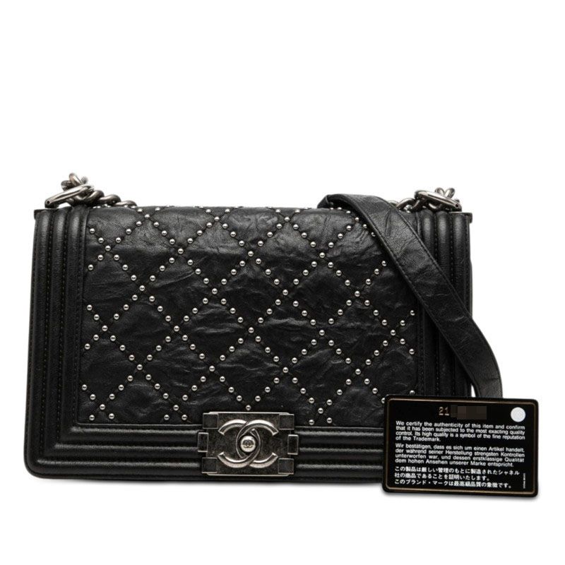 Chanel CC Logo Studs Boy Chain Shoulder Bag Black Calf — view 7
