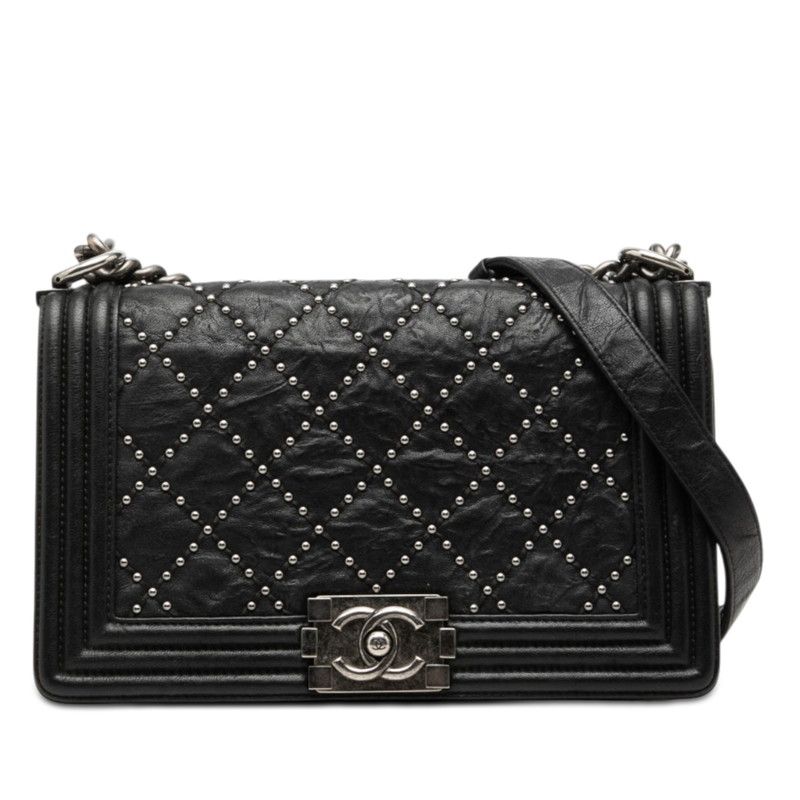 Chanel CC Logo Studs Boy Chain Shoulder Bag Black Calf