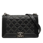Chanel CC Logo Studs Boy Chain Shoulder Bag Black Calf