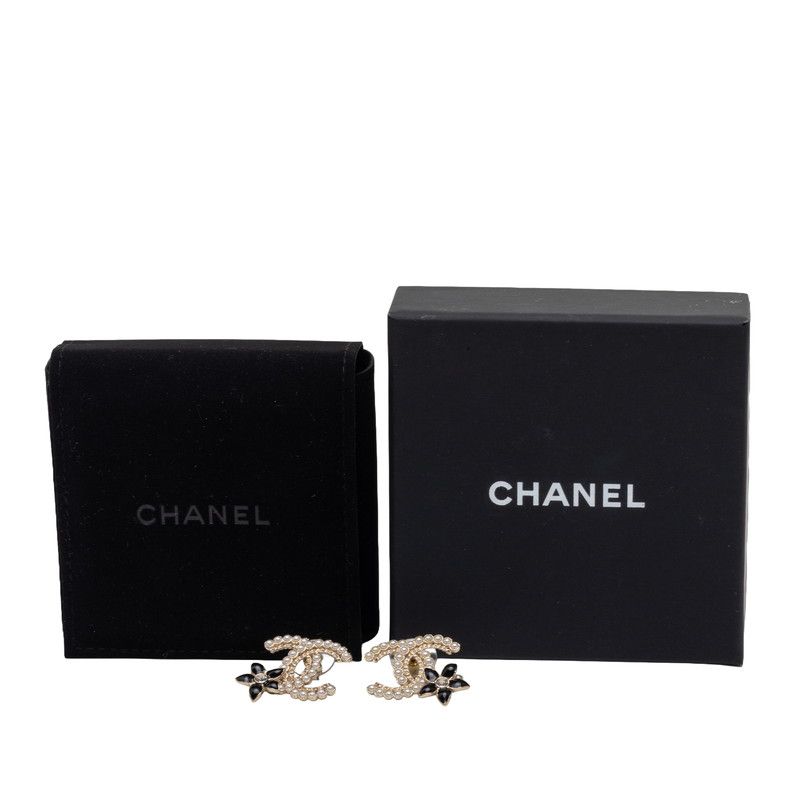 Chanel CC Logo Flower Stud Earrings Gold Black Faux Pearl Rhinestone Plated — view 4