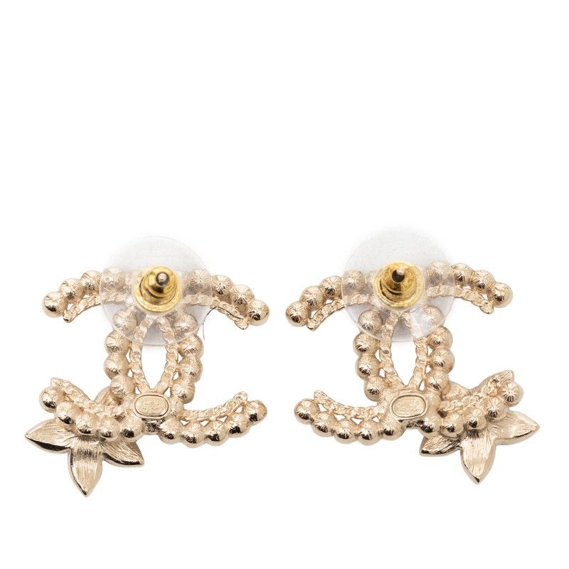 Chanel CC Logo Flower Stud Earrings Gold Black Faux Pearl Rhinestone Plated — view 2
