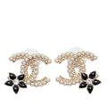 Chanel CC Logo Flower Stud Earrings Gold Black Faux Pearl Rhinestone Plated