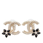 Chanel CC Logo Flower Stud Earrings Gold Black Faux Pearl Rhinestone Plated