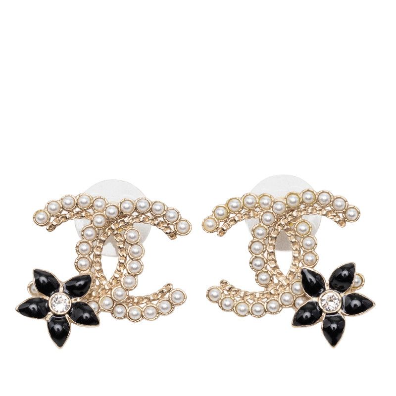 Chanel CC Logo Flower Stud Earrings Gold Black Faux Pearl Rhinestone Plated