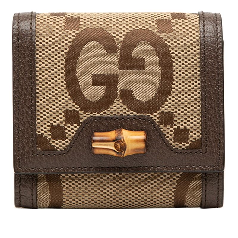 Gucci Jumbo GG Bambu Bifold Wallet Beige Brown Canvas Leather