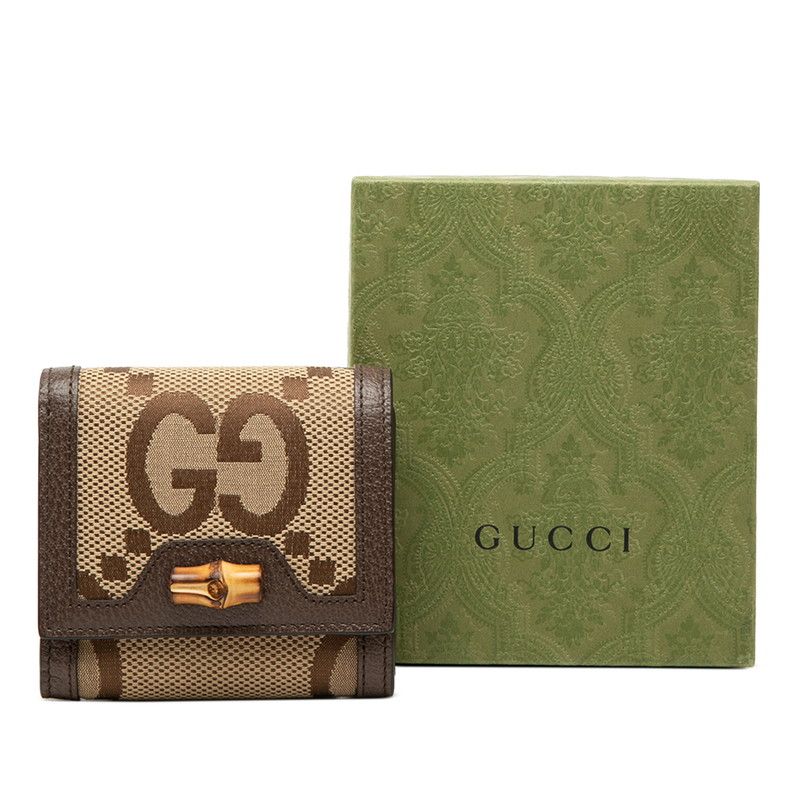 Gucci Jumbo GG Bambu Bifold Wallet Beige Brown Canvas Leather — view 6