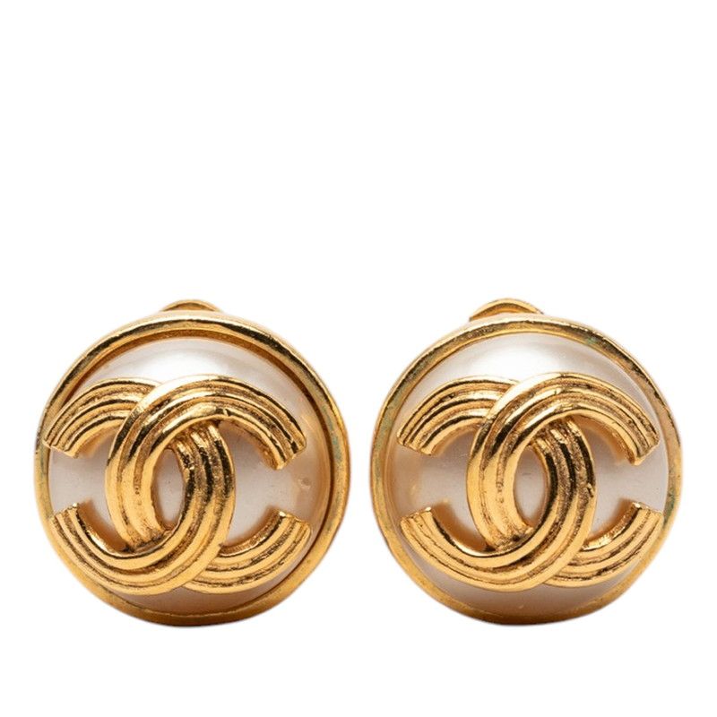 Chanel CC Logo Vintage Earrings Gold Faux Pearl Plated