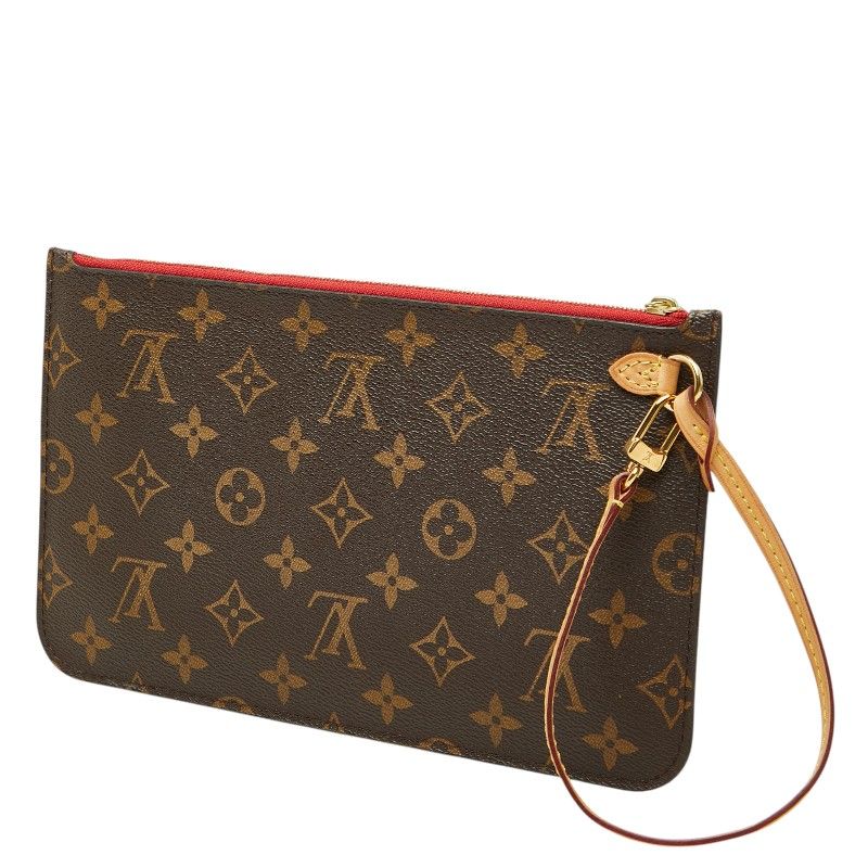 Louis Vuitton Neverfull Pouch Clutch Brown Cerise Red Leather — view 2