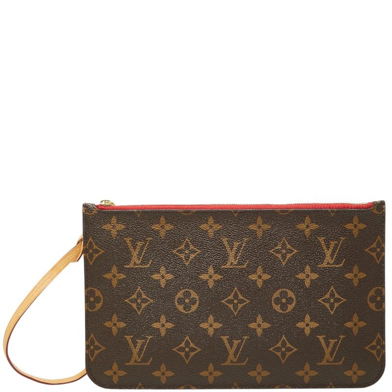 Louis Vuitton Neverfull Pouch Clutch Brown Cerise Red Leather