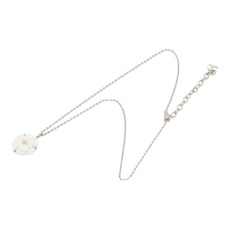 Chanel Camellia CC Logo Vintage Pendant Silver White Shell Faux Pearl — view 2