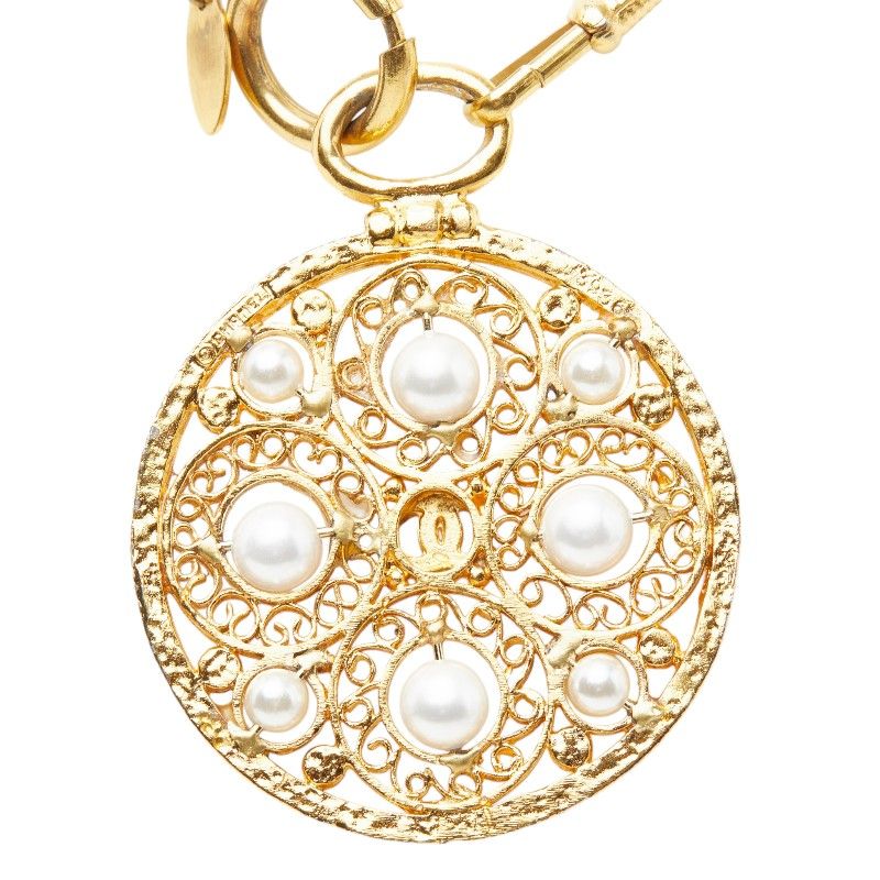 Chanel CC Logo Long Chain Pendant Gold Plated Faux Pearl — view 4