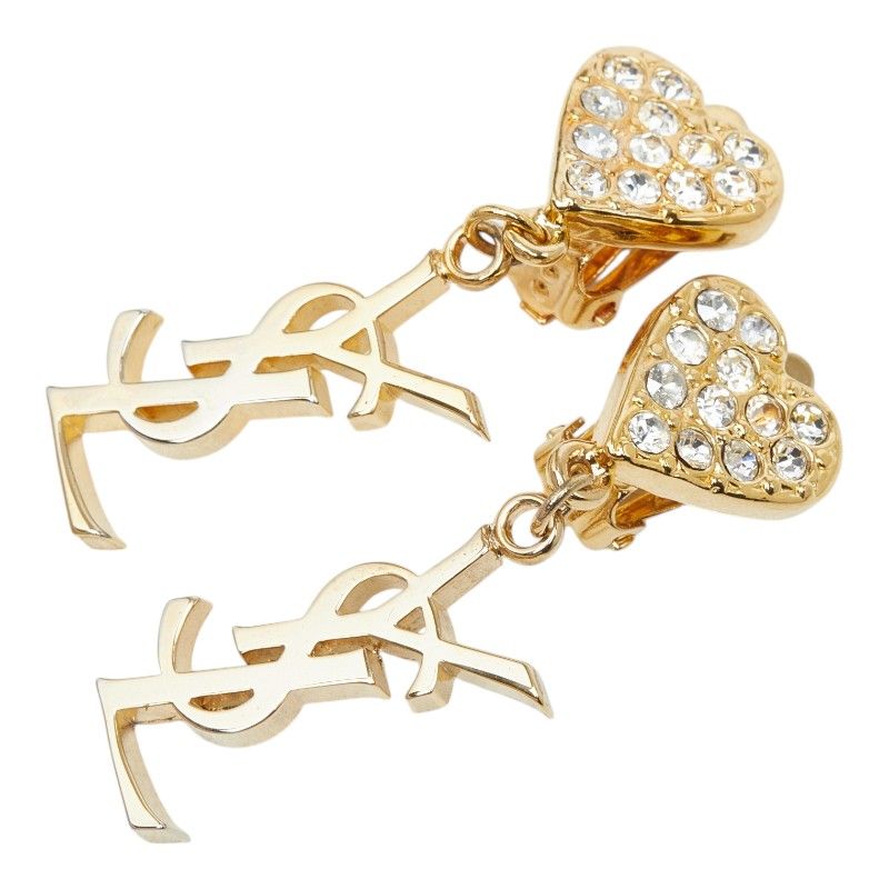 Saint Laurent YSL Logo Heart Motif Earrings Gold Plated Rhinestone