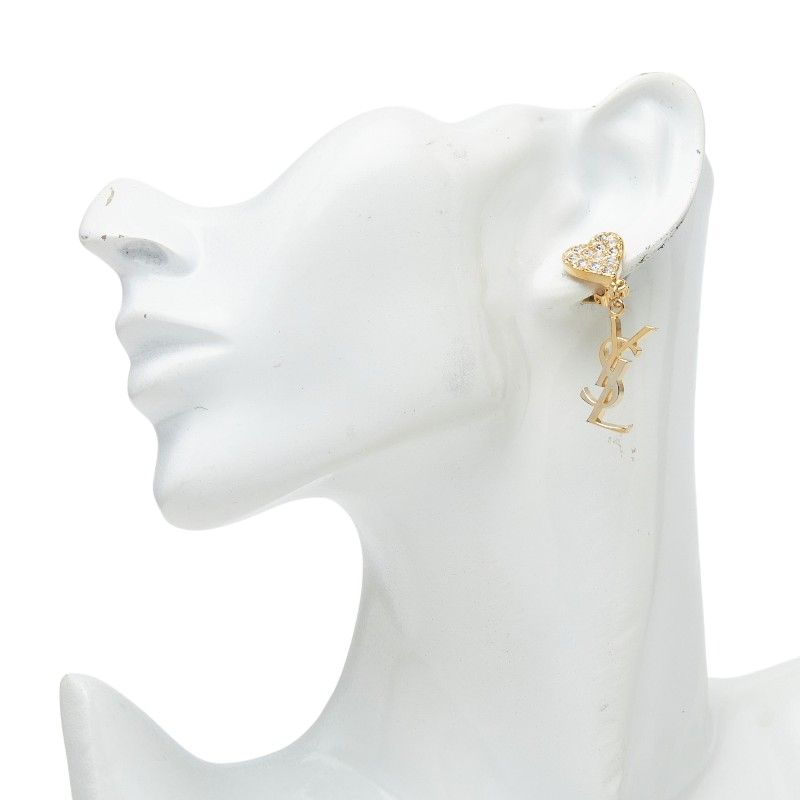 Saint Laurent YSL Logo Heart Motif Earrings Gold Plated Rhinestone — view 6
