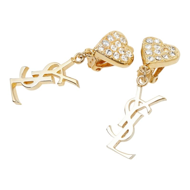 Saint Laurent YSL Logo Heart Motif Earrings Gold Plated Rhinestone — view 2