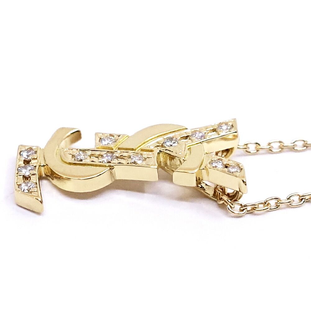Saint Laurent 18k Yellow Gold Logo Diamond Necklace YSL Vintage — view 5