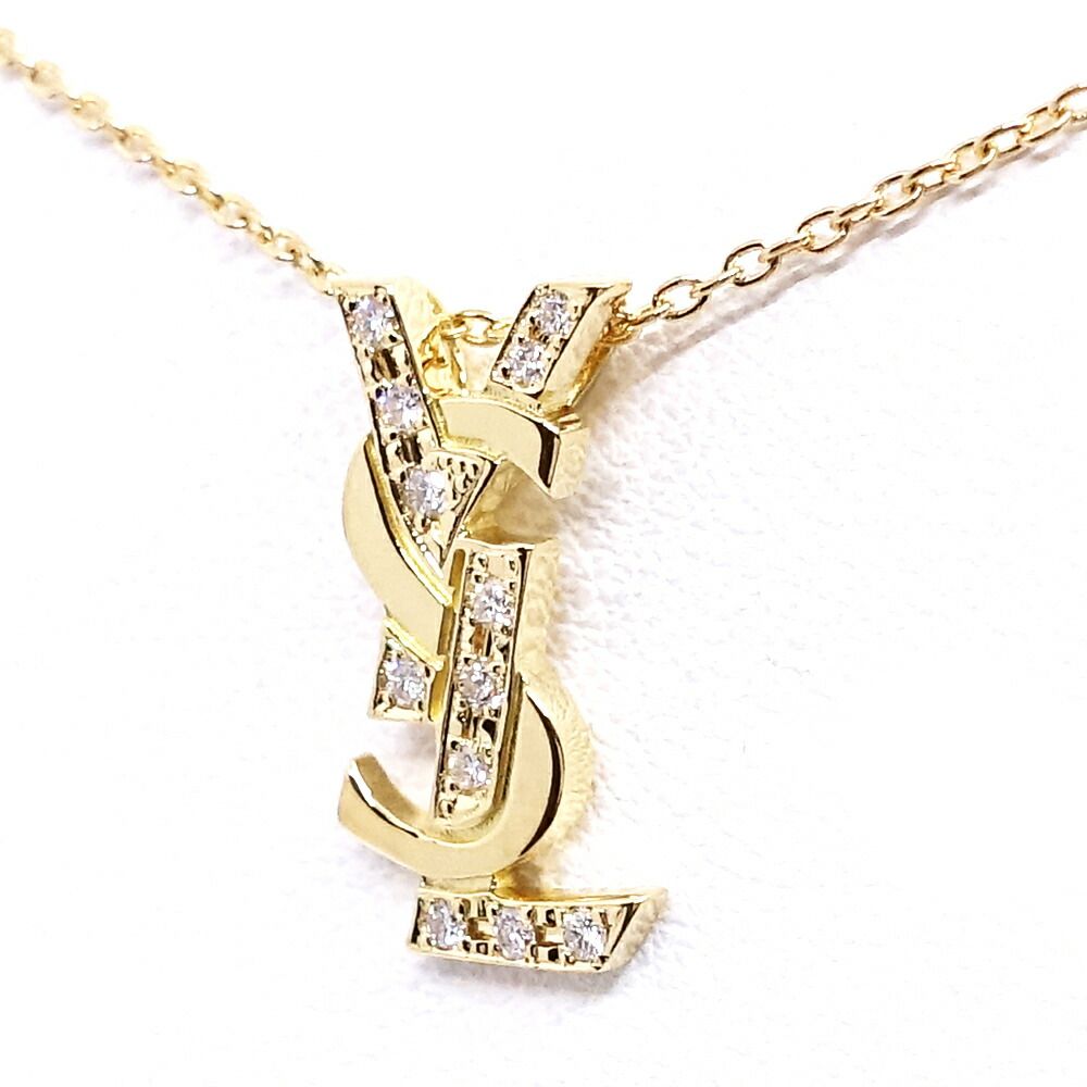 Saint Laurent 18k Yellow Gold Logo Diamond Necklace YSL Vintage — view 2