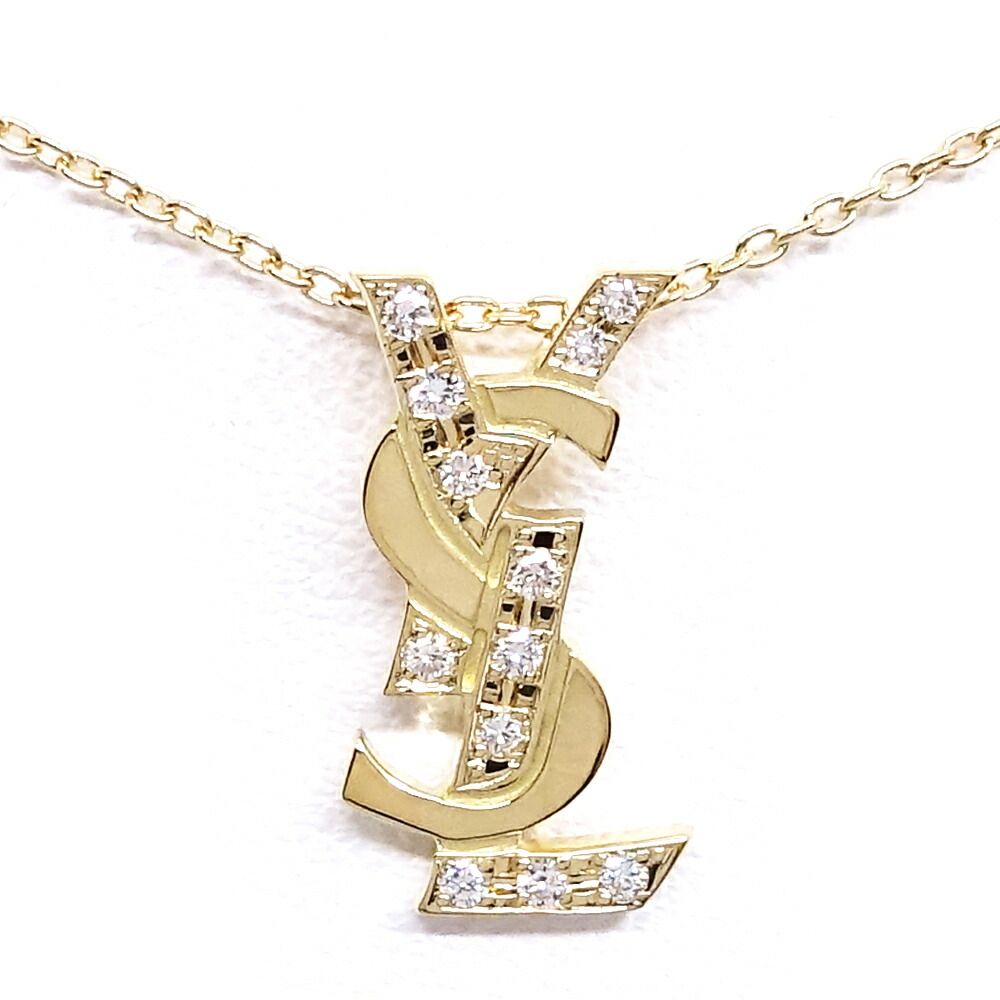 Saint Laurent 18k Yellow Gold Logo Diamond Necklace YSL Vintage