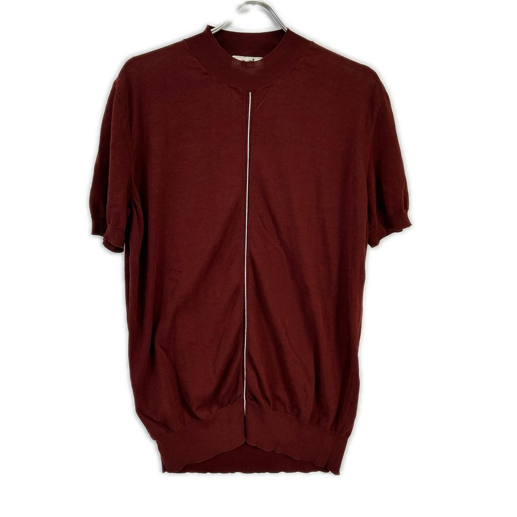 Hermes Bordeaux Contrast Line Short Sleeve Knit Top XL Sweater