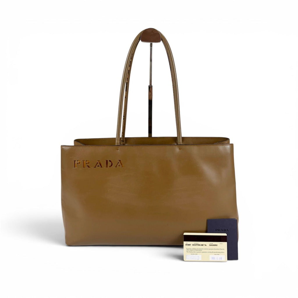 Prada Mini Tote Shoulder Perforated Logo Leather Brown